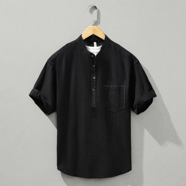 Buddha Stones Sommer Solid Herren Halbknopf Kurzarm Baumwollhemd - Schwarz - US/ UK/AU42, EU52 (3XL) - image 10
