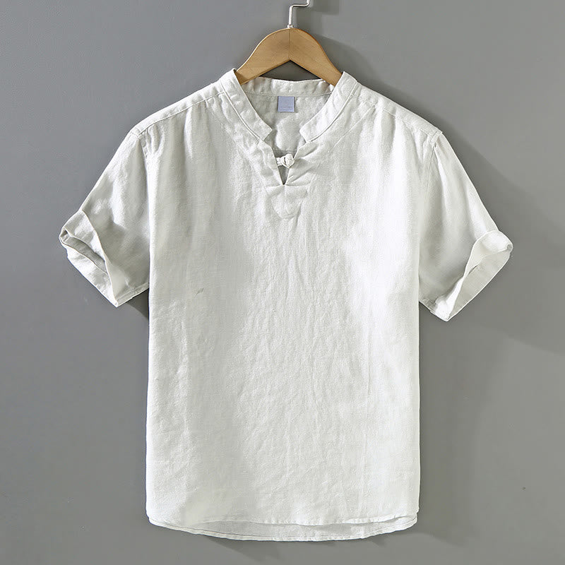 Buddha Stones Sommer Solides Design Herren Kurzarm Leinenhemd - Hellgrau - US/UK/AU42, EU52 (3XL) - image 11