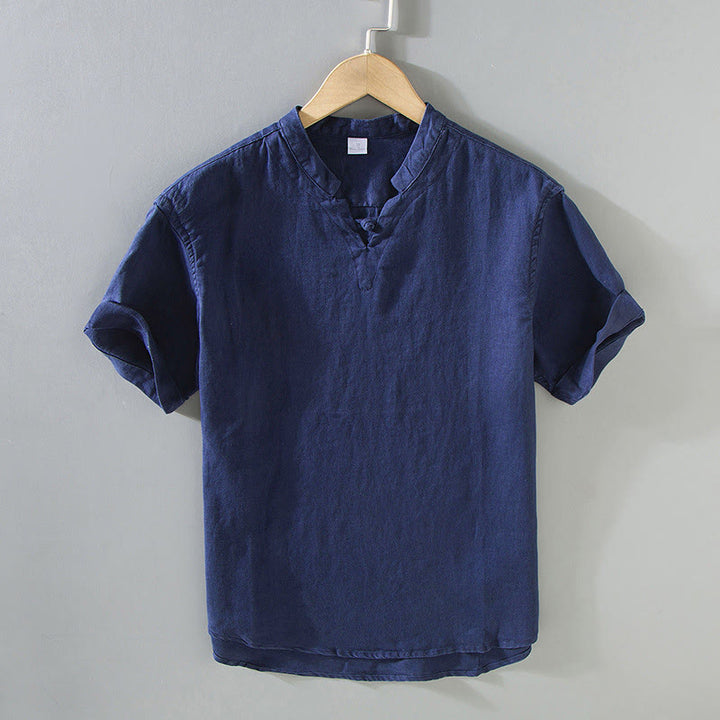 Buddha Stones Sommer Solides Design Herren Kurzarm Leinenhemd - SteelBlue - US/UK/AU42, EU52 (3XL) - image 0