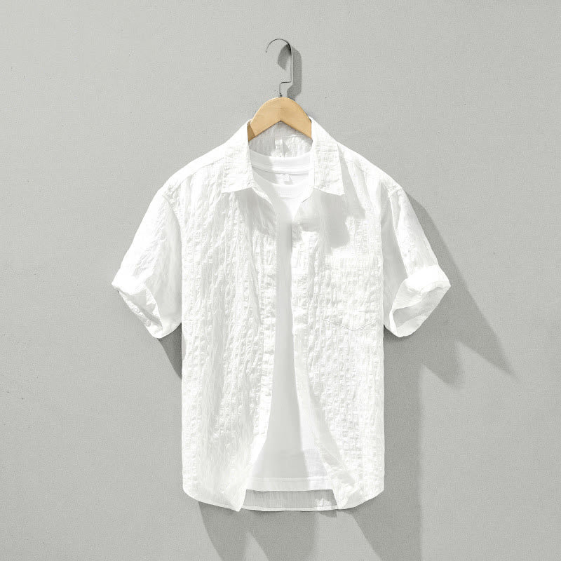 Buddha Stones Sommer Solide Atmungsaktive Herren Knöpfe Kurzarm Tencel Hemd - Weiß - US/ UK/AU42, EU52 (3XL) - image 13