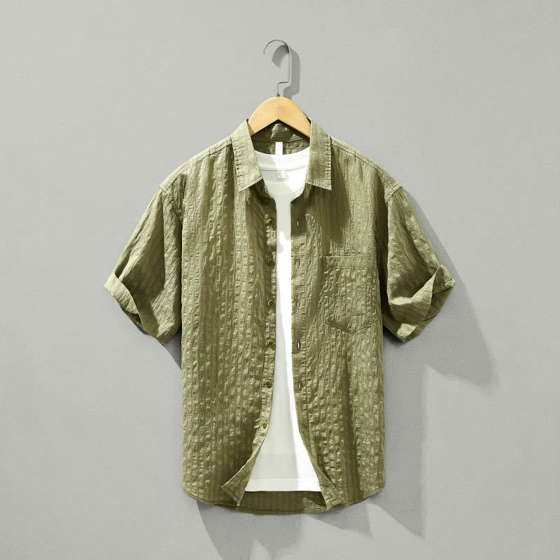 Buddha Stones Sommer Solide Atmungsaktive Herren Knöpfe Kurzarm Tencel Hemd - Dunkelkhaki - US/ UK/AU42, EU52 (3XL) - image 0