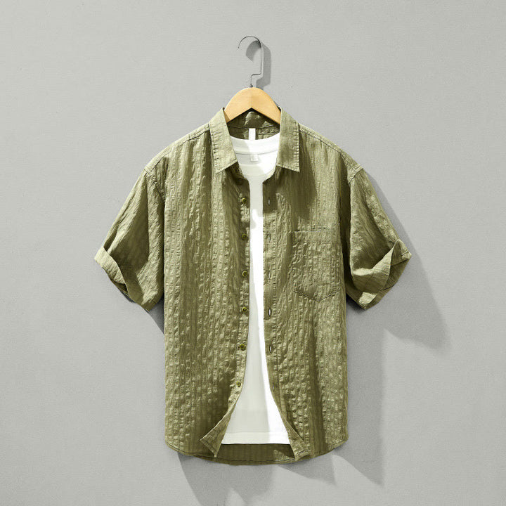 Buddha Stones Sommer Solide Atmungsaktive Herren Knöpfe Kurzarm Tencel Hemd - Dunkelkhaki - US/ UK/AU42, EU52 (3XL) - image 0