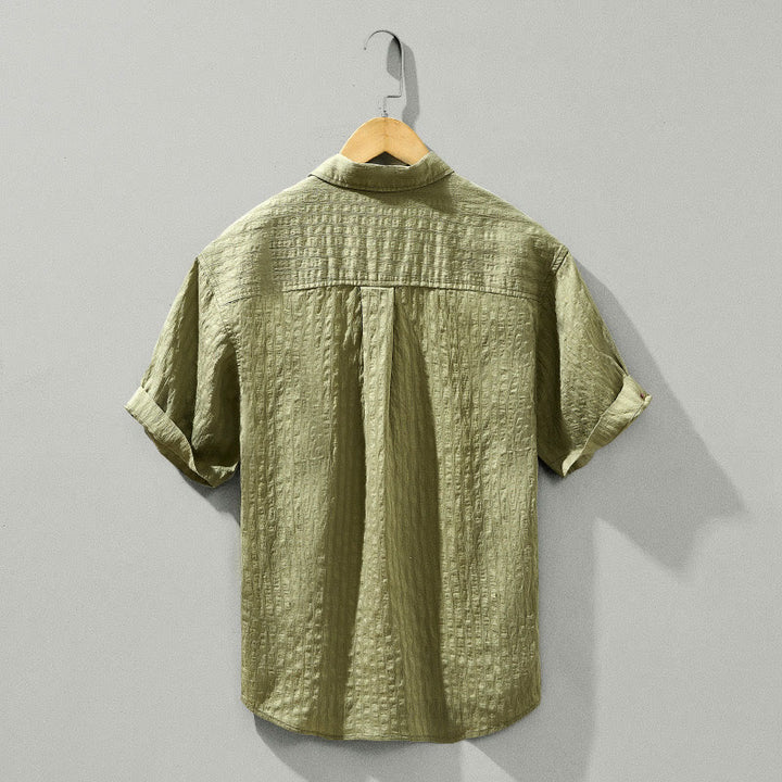 Buddha Stones Sommer Solide Atmungsaktive Herren Knöpfe Kurzarm Tencel Hemd - image 3
