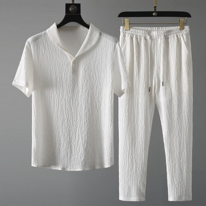 Buddha Stones 2-teiliges, einfarbiges, faltiges V-Ausschnitt-Kurzarm-T-Shirt-Hosen-Kleidungsset für Herren - Weiß - US/ UK/AU46, EU56 (5XL) - image 7