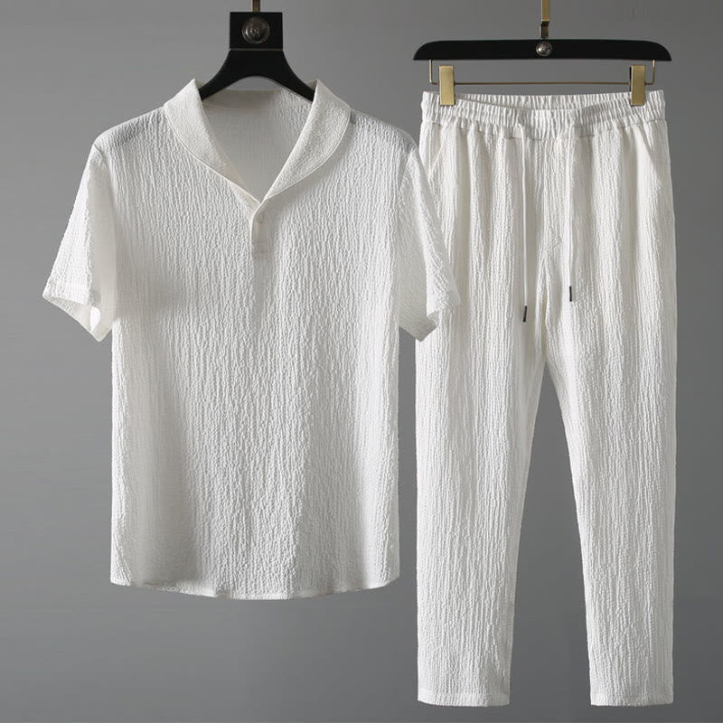 Buddha Stones 2-teiliges, einfarbiges, faltiges V-Ausschnitt-Kurzarm-T-Shirt-Hosen-Kleidungsset für Herren - Weiß - US/ UK/AU46，EU56 (5XL) - image 7