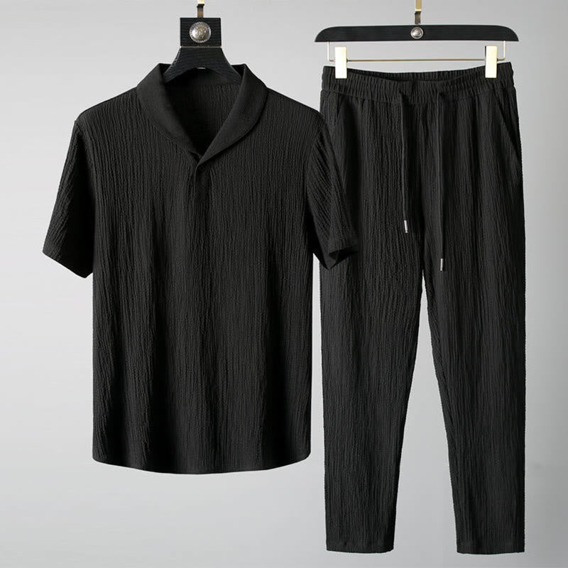 Buddha Stones 2-teiliges, einfarbiges, faltiges V-Ausschnitt-Kurzarm-T-Shirt-Hosen-Kleidungsset für Herren - Schwarz - US/ UK/AU46，EU56 (5XL) - image 0