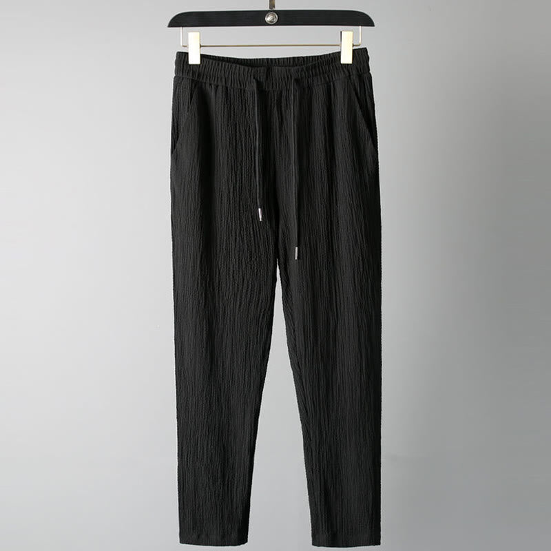 Buddha Stones 2-teiliges, einfarbiges, faltiges V-Ausschnitt-Kurzarm-T-Shirt-Hosen-Kleidungsset für Herren - image 2