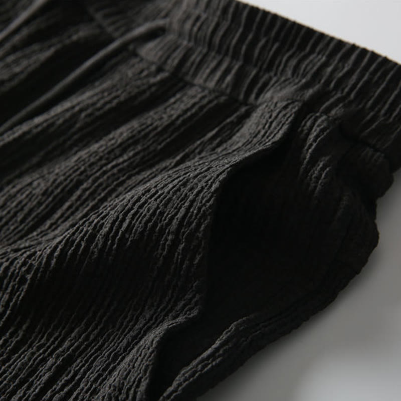 Buddha Stones 2-teiliges, einfarbiges, faltiges V-Ausschnitt-Kurzarm-T-Shirt-Hosen-Kleidungsset für Herren - image 4