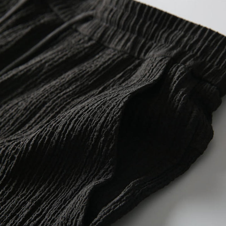 Buddha Stones 2-teiliges, einfarbiges, faltiges V-Ausschnitt-Kurzarm-T-Shirt-Hosen-Kleidungsset für Herren - image 4