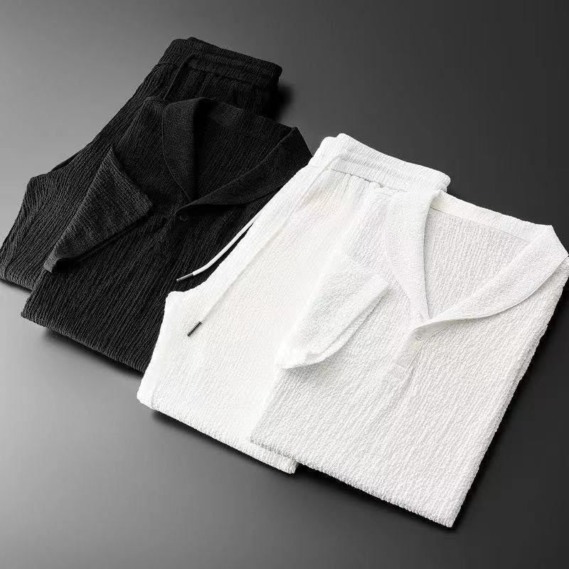 Buddha Stones 2-teiliges, einfarbiges, faltiges V-Ausschnitt-Kurzarm-T-Shirt-Hosen-Kleidungsset für Herren - image 17