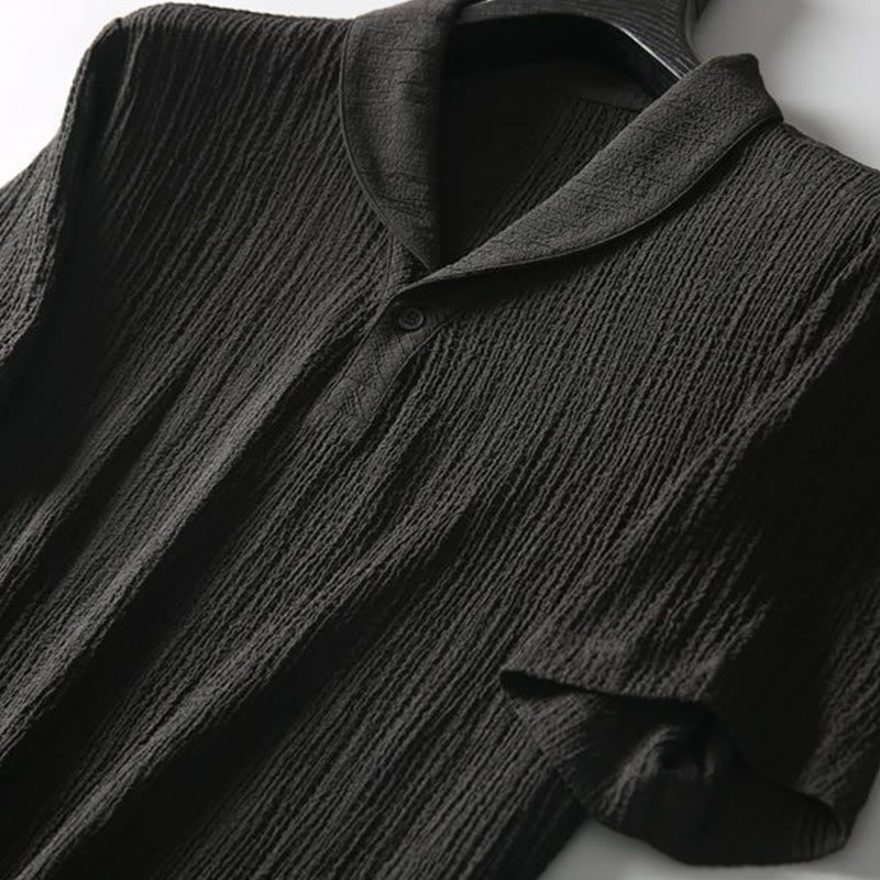 Buddha Stones 2-teiliges, einfarbiges, faltiges V-Ausschnitt-Kurzarm-T-Shirt-Hosen-Kleidungsset für Herren - image 3