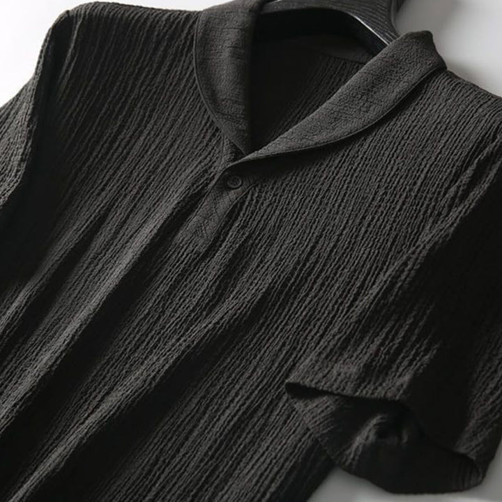 Buddha Stones 2-teiliges, einfarbiges, faltiges V-Ausschnitt-Kurzarm-T-Shirt-Hosen-Kleidungsset für Herren - image 3