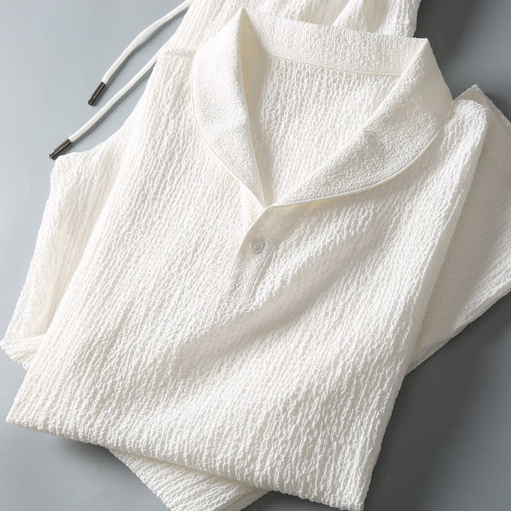 Buddha Stones 2-teiliges, einfarbiges, faltiges V-Ausschnitt-Kurzarm-T-Shirt-Hosen-Kleidungsset für Herren - image 10