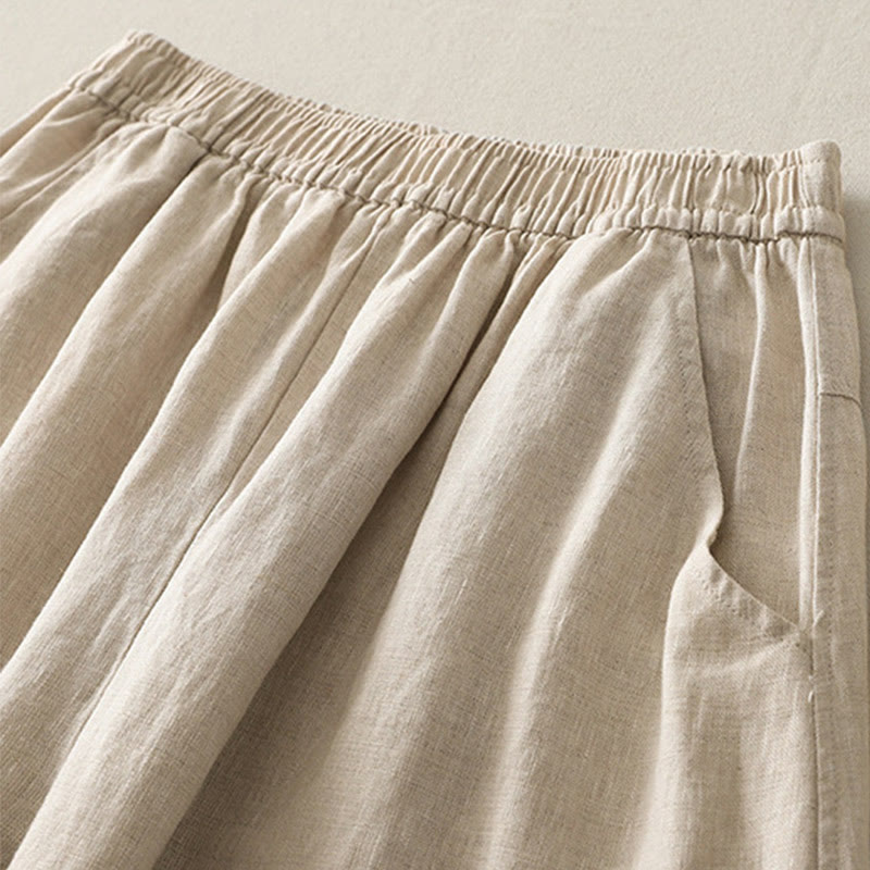 Buddha Stones Sommer Täglich Einfarbig Elastischer Bund Design Weite Beinhose Aus Baumwollleinen Für Damen Mit Taschen - image 1