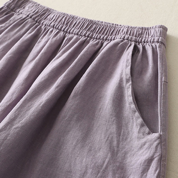 Buddha Stones Sommer Täglich Einfarbig Elastischer Bund Design Weite Beinhose Aus Baumwollleinen Für Damen Mit Taschen - image 6