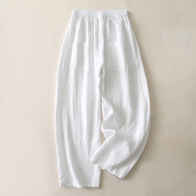 Buddha Stones Sommer Täglich Einfarbig Elastischer Bund Design Weite Beinhose Aus Baumwollleinen Für Damen Mit Taschen - Weiß - US8-10， UK/AU12-14，EU40-42 (2XL) - image 12