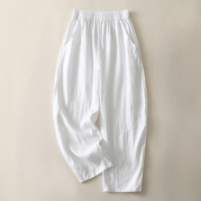Buddha Stones Sommer Täglich Einfarbig Elastischer Bund Design Weite Beinhose Aus Baumwollleinen Für Damen Mit Taschen - image 13