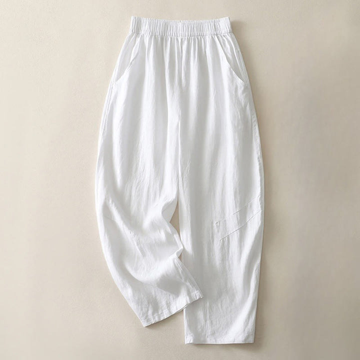 Buddha Stones Sommer Täglich Einfarbig Elastischer Bund Design Weite Beinhose Aus Baumwollleinen Für Damen Mit Taschen - image 13