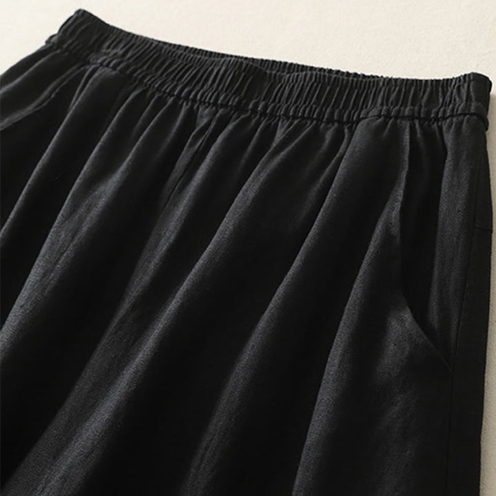 Buddha Stones Sommer Täglich Einfarbig Elastischer Bund Design Weite Beinhose Aus Baumwollleinen Für Damen Mit Taschen - image 24