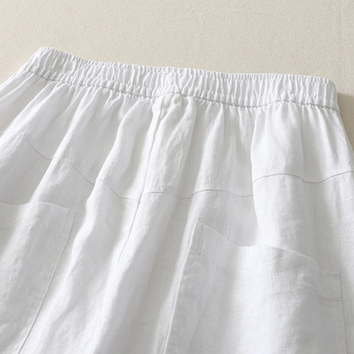 Buddha Stones Sommer Täglich Einfarbig Elastischer Bund Design Weite Beinhose Aus Baumwollleinen Für Damen Mit Taschen - image 16