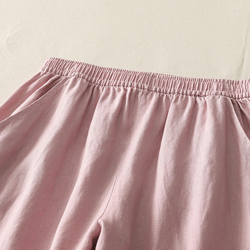 Buddha Stones Sommer Täglich Einfarbig Elastischer Bund Design Weite Beinhose Aus Baumwollleinen Für Damen Mit Taschen - image 11