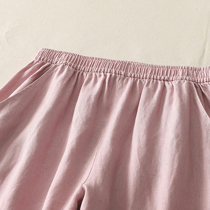 Buddha Stones Sommer Täglich Einfarbig Elastischer Bund Design Weite Beinhose Aus Baumwollleinen Für Damen Mit Taschen - image 11