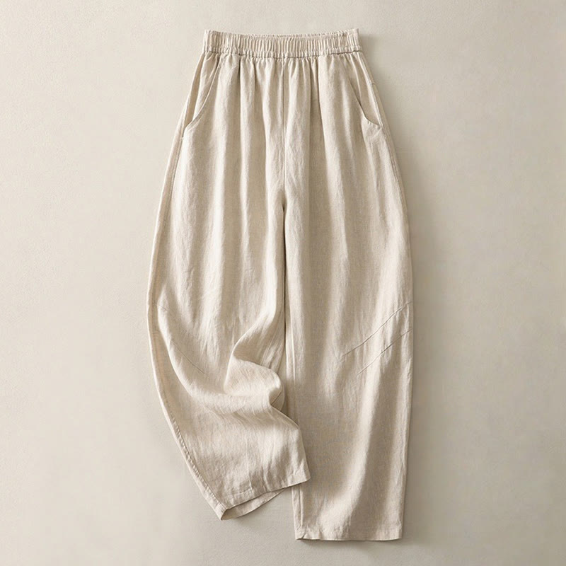 Buddha Stones Sommer Täglich Einfarbig Elastischer Bund Design Weite Beinhose Aus Baumwollleinen Für Damen Mit Taschen - Beige - US8-10， UK/AU12-14，EU40-42 (2XL) - image 0