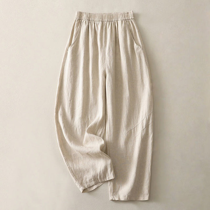 Buddha Stones Sommer Täglich Einfarbig Elastischer Bund Design Weite Beinhose Aus Baumwollleinen Für Damen Mit Taschen - Beige - US8-10， UK/AU12-14，EU40-42 (2XL) - image 0