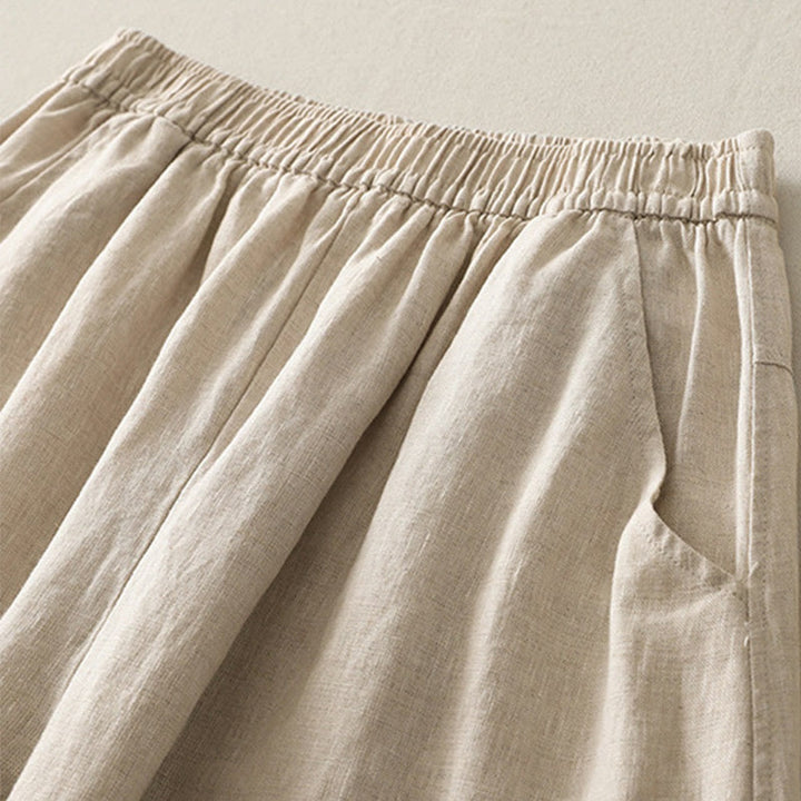 Buddha Stones Sommer Täglich Einfarbig Elastischer Bund Design Weite Beinhose Aus Baumwollleinen Für Damen Mit Taschen - image 1