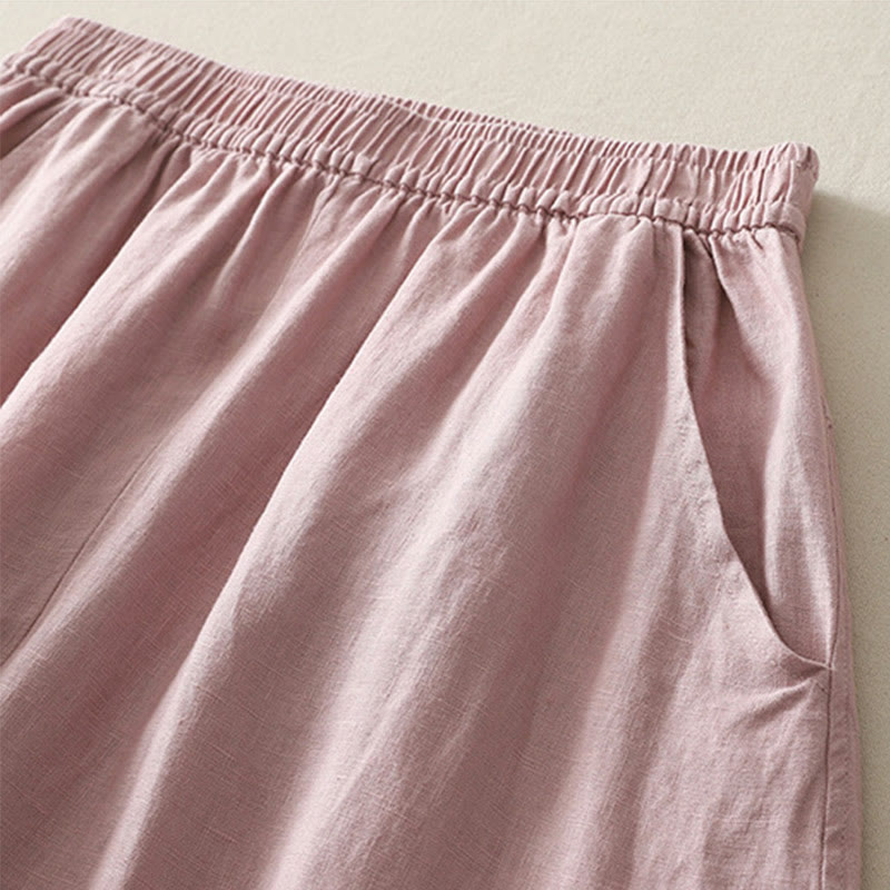 Buddha Stones Sommer Täglich Einfarbig Elastischer Bund Design Weite Beinhose Aus Baumwollleinen Für Damen Mit Taschen - image 9
