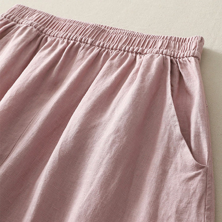 Buddha Stones Sommer Täglich Einfarbig Elastischer Bund Design Weite Beinhose Aus Baumwollleinen Für Damen Mit Taschen - image 9
