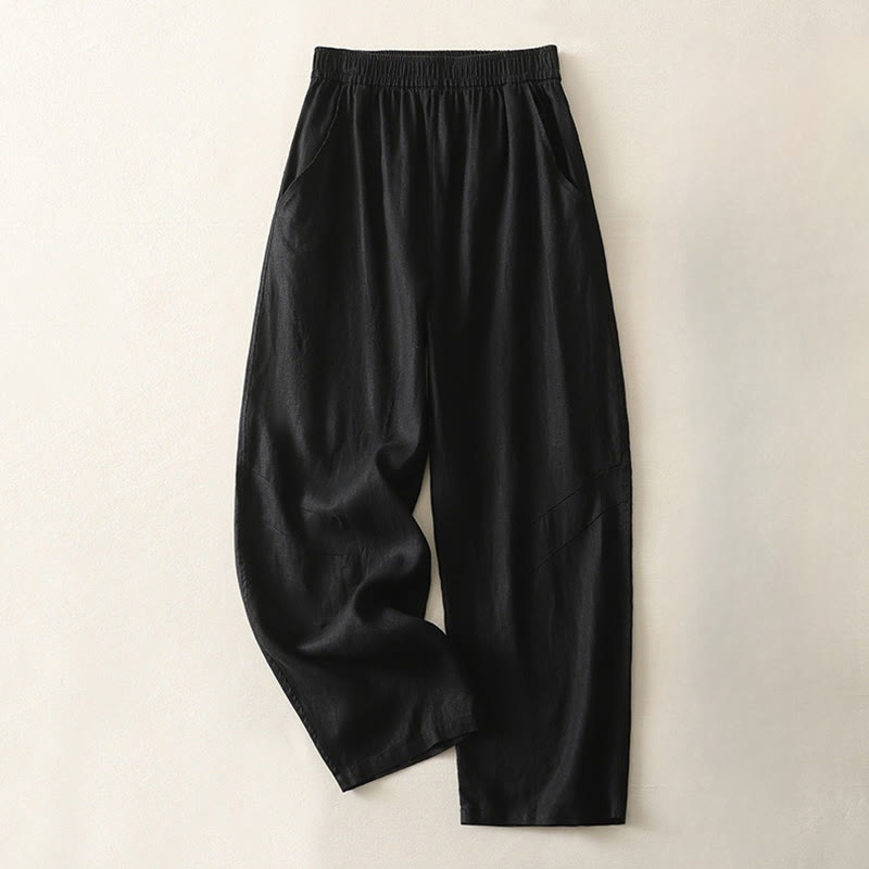 Buddha Stones Sommer Täglich Einfarbig Elastischer Bund Design Weite Beinhose Aus Baumwollleinen Für Damen Mit Taschen - Schwarz - US8-10， UK/AU12-14，EU40-42 (2XL) - image 22