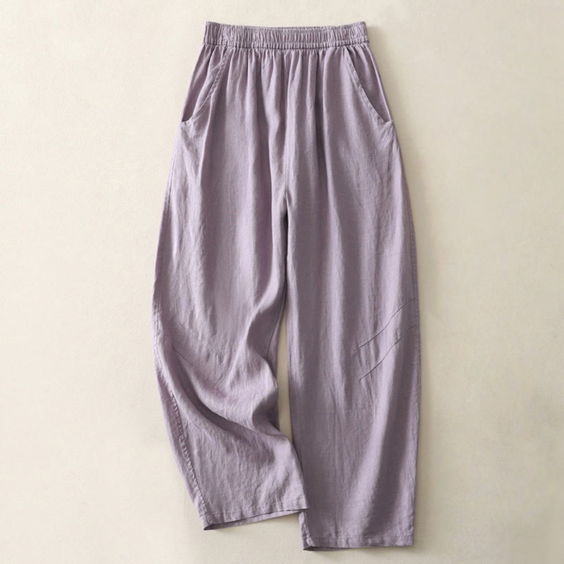 Buddha Stones Sommer Täglich Einfarbig Elastischer Bund Design Weite Beinhose Aus Baumwollleinen Für Damen Mit Taschen - Mittelviolett - US8-10， UK/AU12-14，EU40-42 (2XL) - image 4