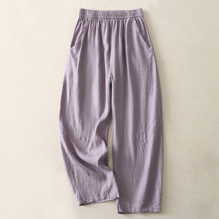 Buddha Stones Sommer Täglich Einfarbig Elastischer Bund Design Weite Beinhose Aus Baumwollleinen Für Damen Mit Taschen - Mittelviolett - US8-10， UK/AU12-14，EU40-42 (2XL) - image 4