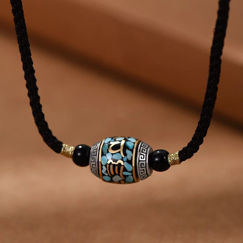 Buddha Stones ​​Tibet Om Mani Padme Hum Dzi Perle Muster Schutz Drehbare Halskette Anhänger - Seilkette und Dzi-Perle - image 1