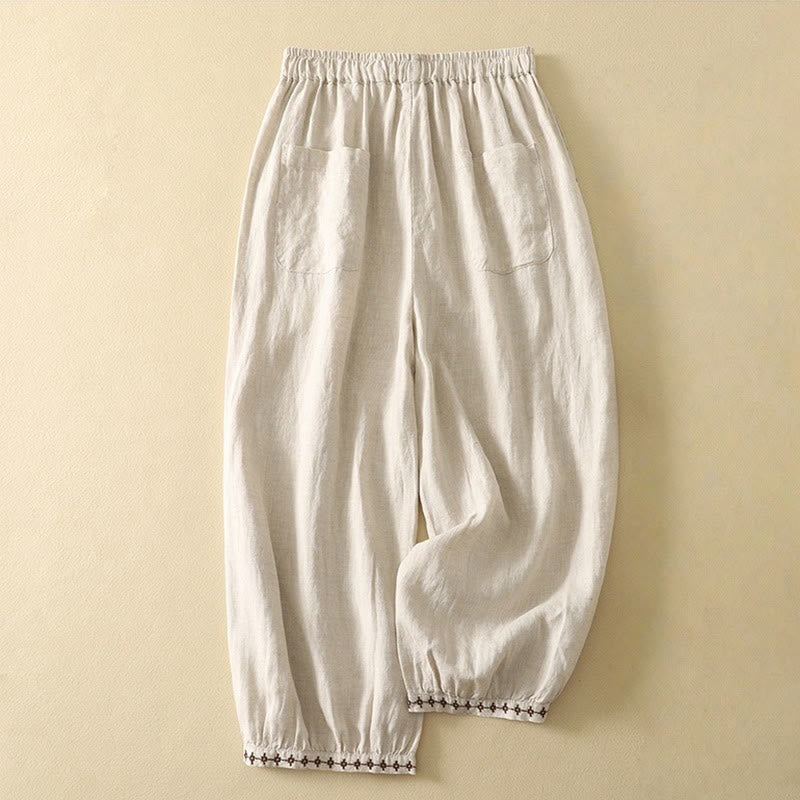 Buddha Stones Lässiges Retro-Kordelzug-Stickerei-Design Damen-Baumwollleinenhose 7-8 Länge mit Taschen - image 1