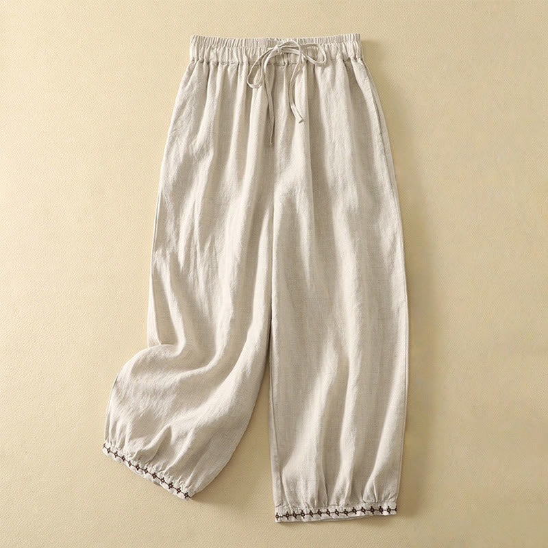 Buddha Stones Casual Retro Hose mit Kordelzug und Stickerei, Damenlänge 7-8 mit Taschen - Leinen - US 8-10, UK/AU 12-14, EU 40-42 (2XL) - image 0