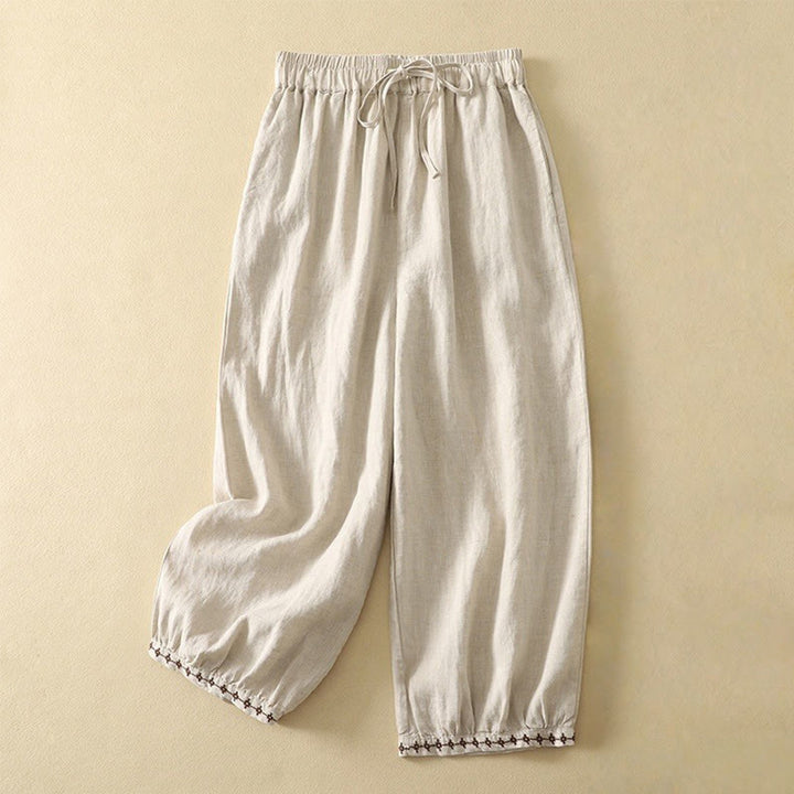Buddha Stones Casual Retro Hose mit Kordelzug und Stickerei, Damenlänge 7-8 mit Taschen - Leinen - US 8-10, UK/AU 12-14, EU 40-42 (2XL) - image 0