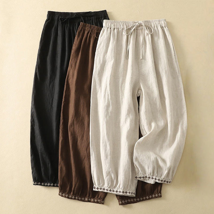Buddha Stones Lässiges Retro-Kordelzug-Stickerei-Design Damen-Baumwollleinenhose 7-8 Länge mit Taschen - image 18
