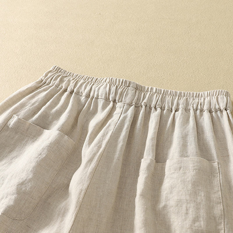 Buddha Stones Lässiges Retro-Kordelzug-Stickerei-Design Damen-Baumwollleinenhose 7-8 Länge mit Taschen - image 4