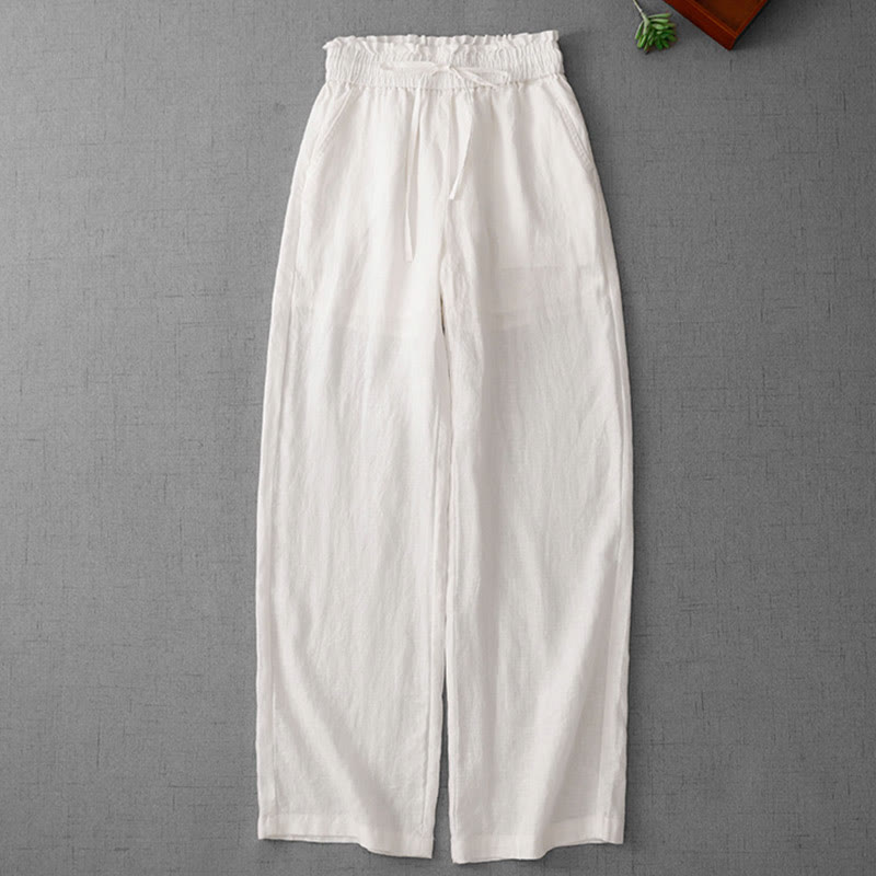 Buddha Stones Lässige Baumwollhose mit hoher Taille, Rüschen und Kordelzug, weites Bein und Taschen für Damen - image 11