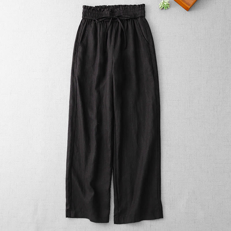 Buddha Stones Lässige Baumwollhose mit hoher Taille, Rüschen und Kordelzug, weites Bein und Taschen für Damen - image 17