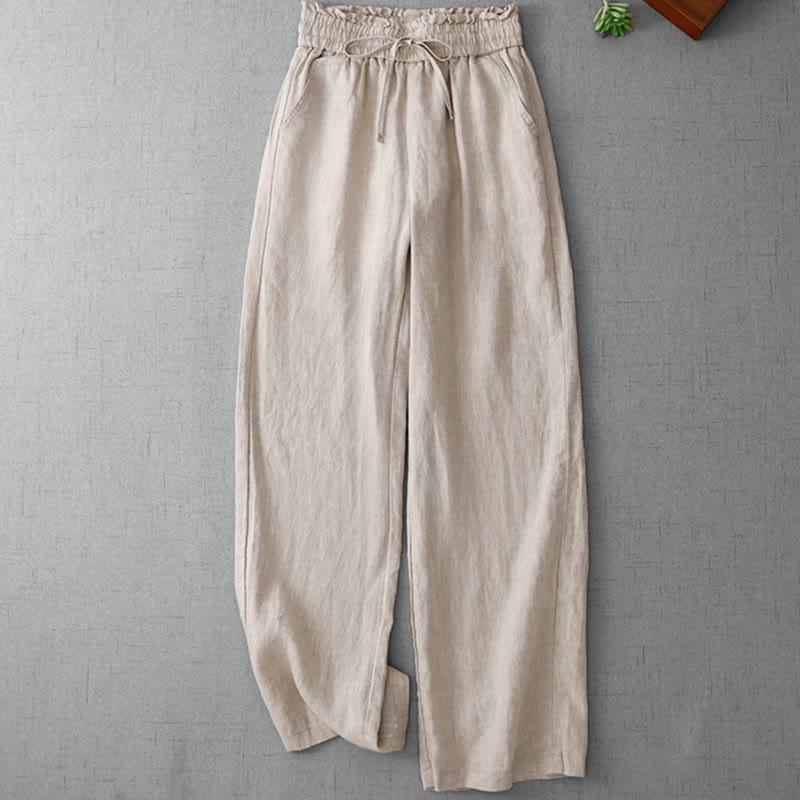 Buddha Stones Lässige Baumwollhose mit hoher Taille, Rüschen und Kordelzug, weites Bein und Taschen für Damen - Leinen - US12， UK/AU16，EU44 (2XL) - image 0