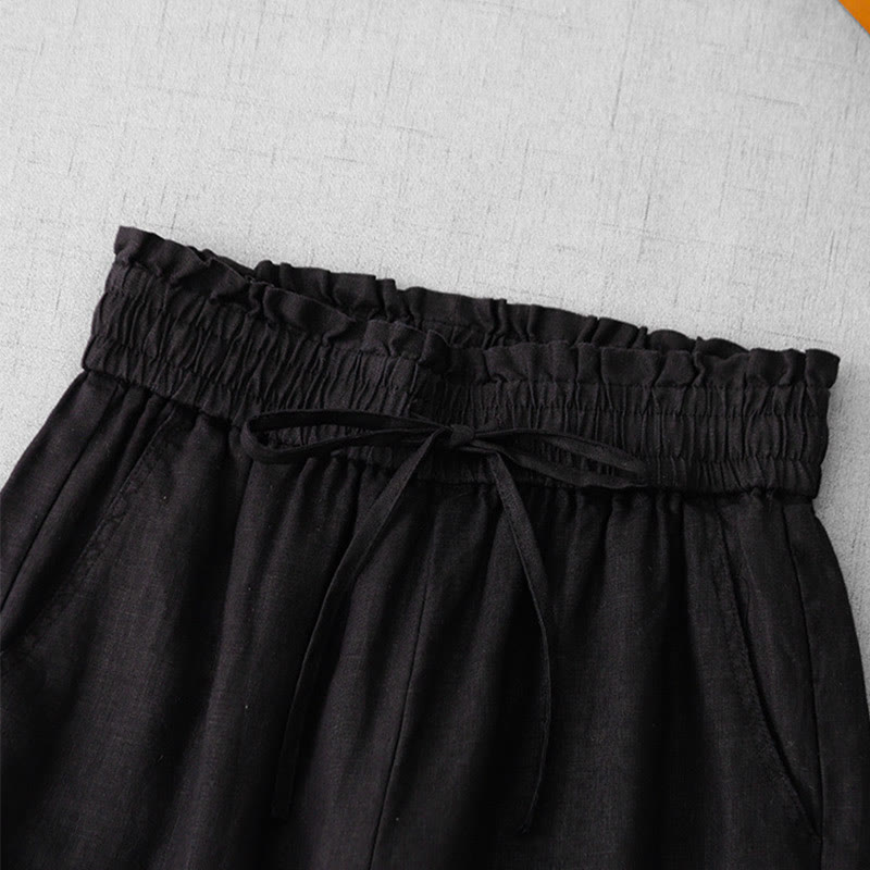 Buddha Stones Lässige Baumwollhose mit hoher Taille, Rüschen und Kordelzug, weites Bein und Taschen für Damen - image 18