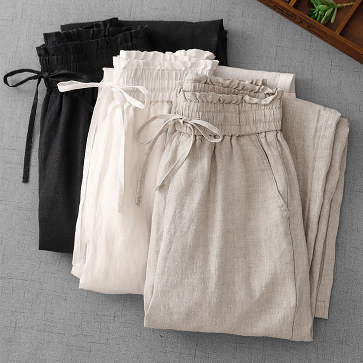 Buddha Stones Lässige Baumwollhose mit hoher Taille, Rüschen und Kordelzug, weites Bein und Taschen für Damen - image 27
