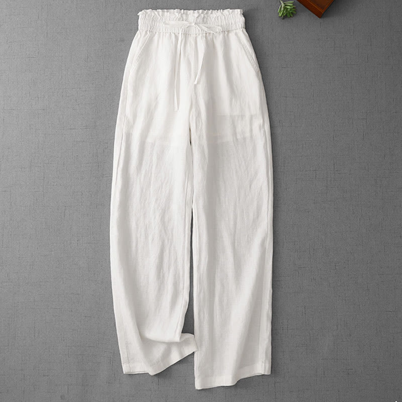Buddha Stones Lässige Baumwollhose mit hoher Taille, Rüschen und Kordelzug, weites Bein und Taschen für Damen - Weiß - US12， UK/AU16，EU44 (2XL) - image 10