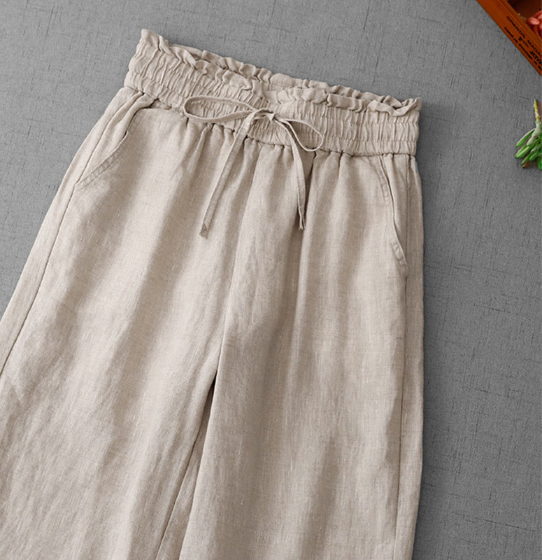 Buddha Stones Lässige Baumwollhose mit hoher Taille, Rüschen und Kordelzug, weites Bein und Taschen für Damen - image 2