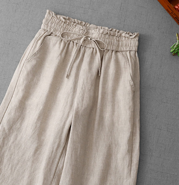 Buddha Stones Lässige Baumwollhose mit hoher Taille, Rüschen und Kordelzug, weites Bein und Taschen für Damen - image 2