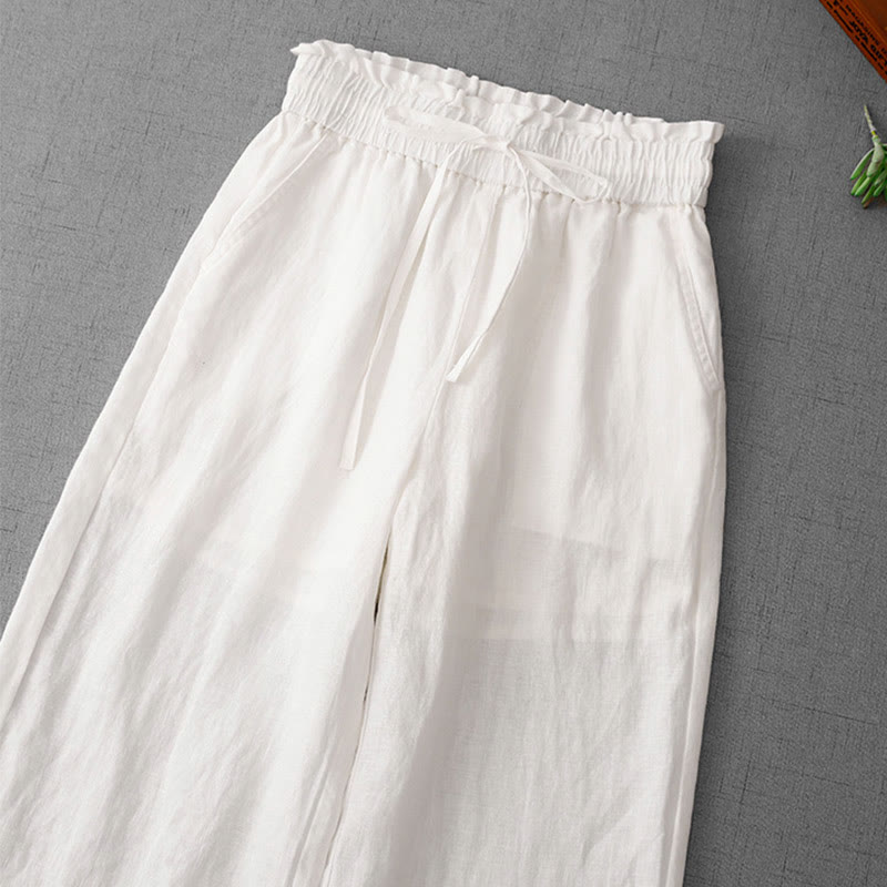 Buddha Stones Lässige Baumwollhose mit hoher Taille, Rüschen und Kordelzug, weites Bein und Taschen für Damen - image 12