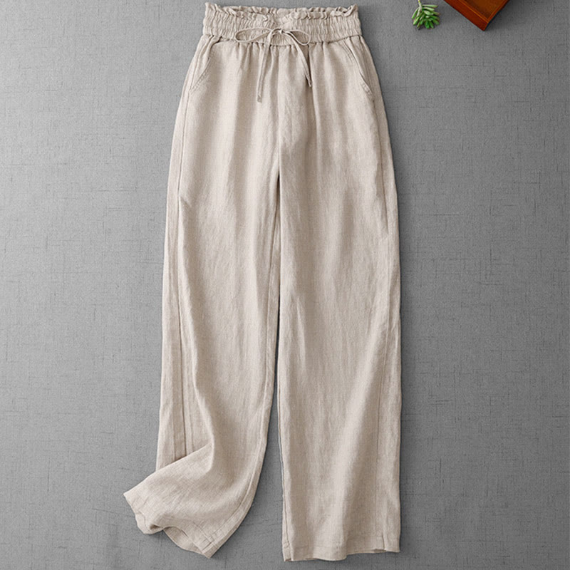 Buddha Stones Lässige Baumwollhose mit hoher Taille, Rüschen und Kordelzug, weites Bein und Taschen für Damen - image 1